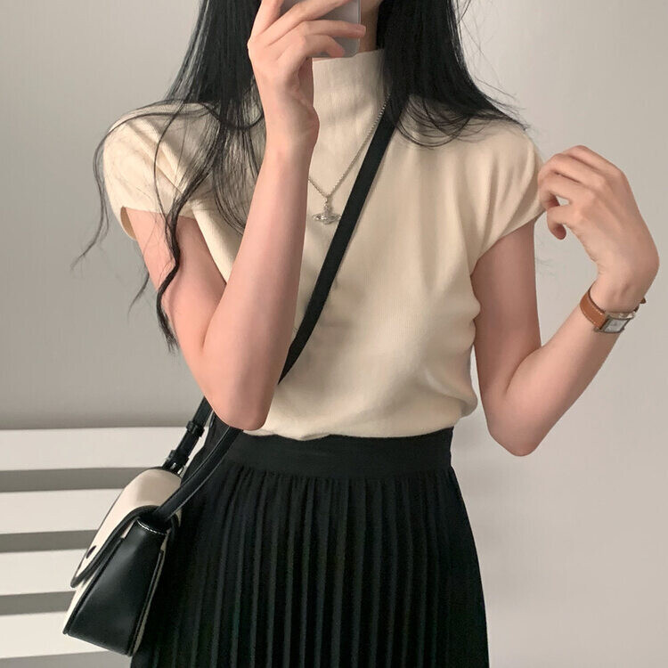 ハーフネックパフ半袖ニット IVORY