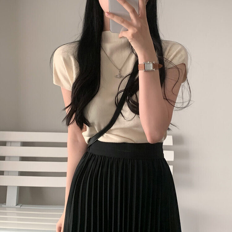 ハーフネックパフ半袖ニット IVORY