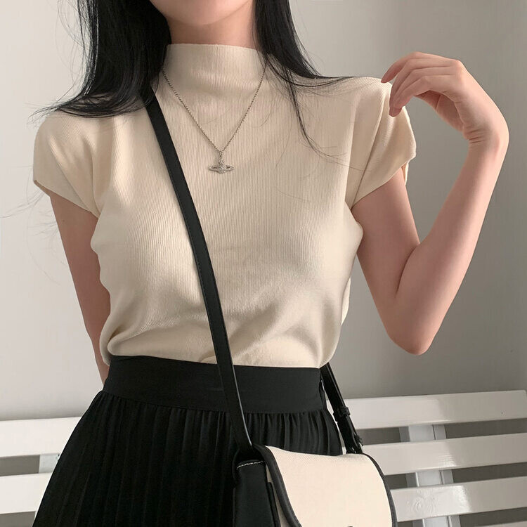 ハーフネックパフ半袖ニット IVORY