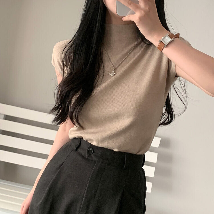 ハーフネックパフ半袖ニット LIGHT BEIGE