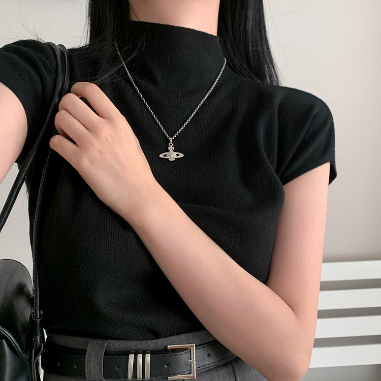 ハーフネックパフ半袖ニット BLACK