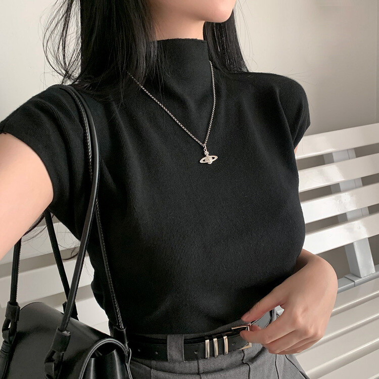 ハーフネックパフ半袖ニット BLACK