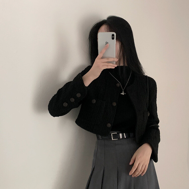 ハーフネックパフ半袖ニット BLACK