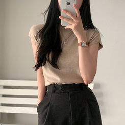 ニット ハーフネックパフ半袖ニット LIGHT BEIGE