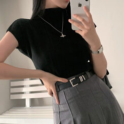 ニット ハーフネックパフ半袖ニット BLACK