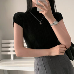 ニット ハーフネックパフ半袖ニット BLACK
