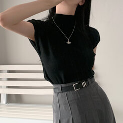 ニット ハーフネックパフ半袖ニット BLACK