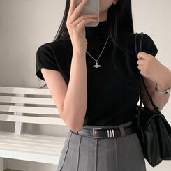 ニット ハーフネックパフ半袖ニット BLACK