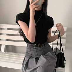 ニット ハーフネックパフ半袖ニット BLACK