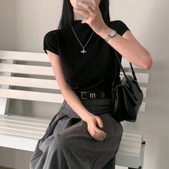 ニット ハーフネックパフ半袖ニット BLACK