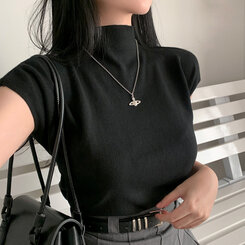ニット ハーフネックパフ半袖ニット BLACK