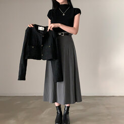 ニット ハーフネックパフ半袖ニット BLACK