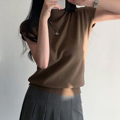 ニット ハーフネックパフ半袖ニット BROWN