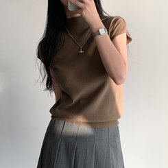 ニット ハーフネックパフ半袖ニット BROWN