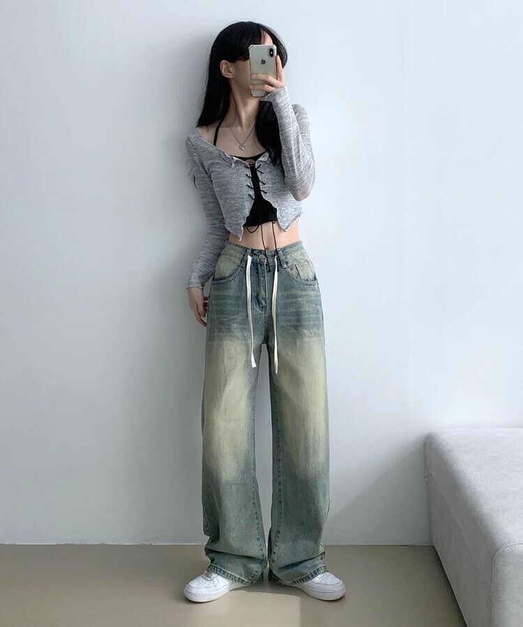 ストリングハイウエストウォッシングデニムパンツ LIGHT DENIM