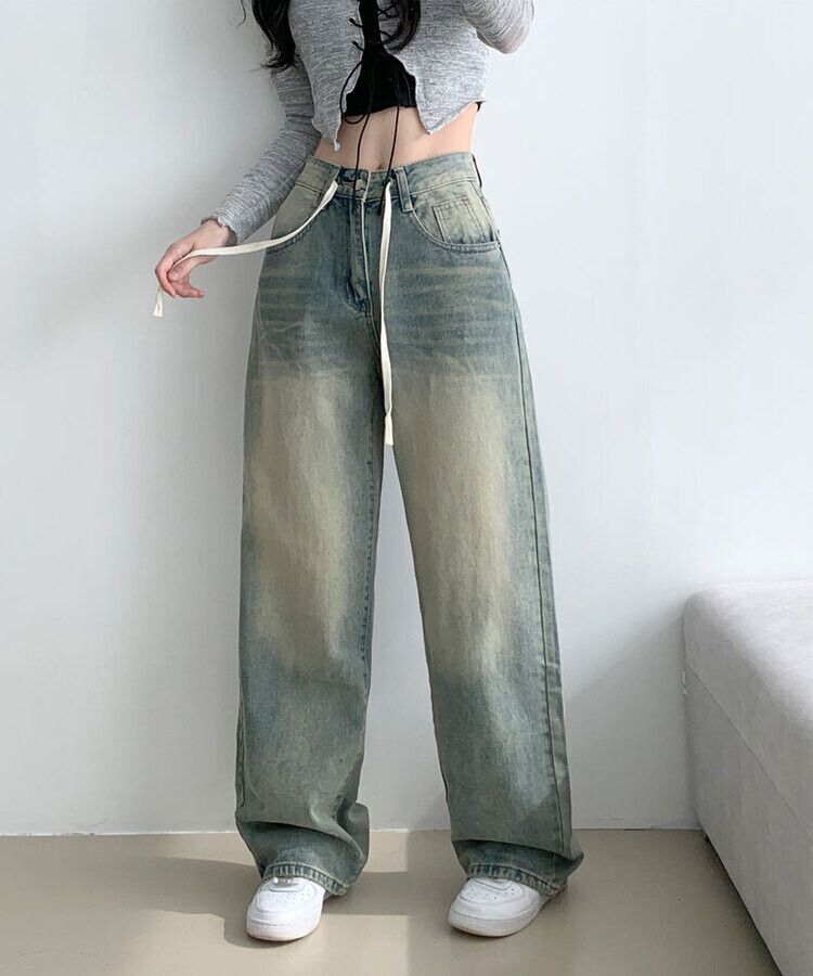 ストリングハイウエストウォッシングデニムパンツ LIGHT DENIM