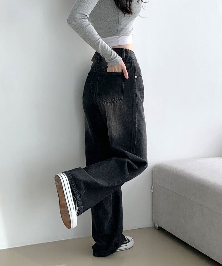 ストリングハイウエストウォッシングデニムパンツ BLACK DENIM