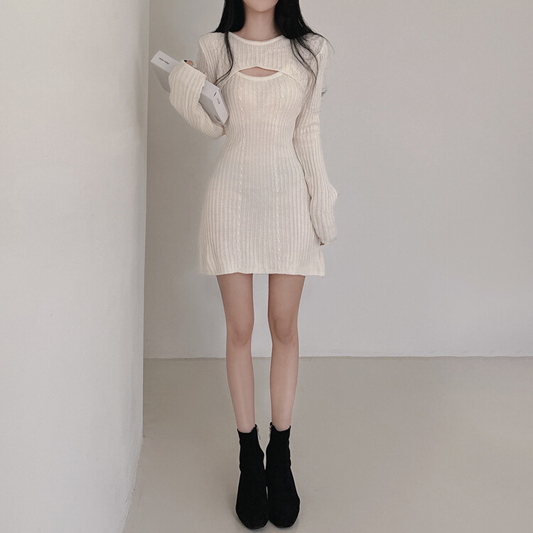 襟つきミニニットワンピ＋ボレロセット Nono企画】衿つきニット