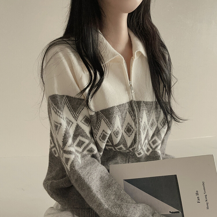 配色アーガイルニットジップアップ｜ジャンパー｜韓国