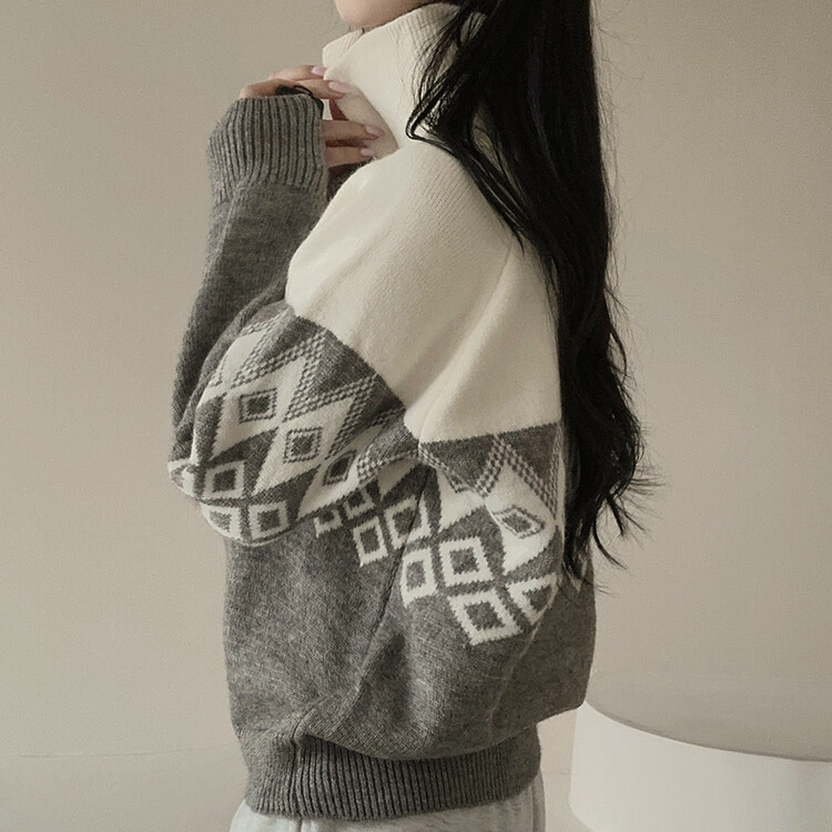 配色アーガイルニットジップアップ｜ジャンパー｜韓国