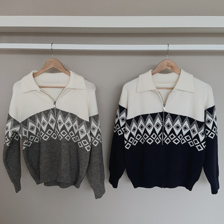 配色アーガイルニットジップアップ｜ジャンパー｜韓国