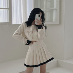 SET]配色ツイードジャケット+プリーツミニスカート｜ツーピース｜韓国