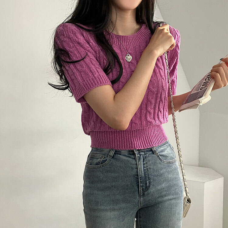 벤티 울 케이블 라운드 반팔 니트 퍼플