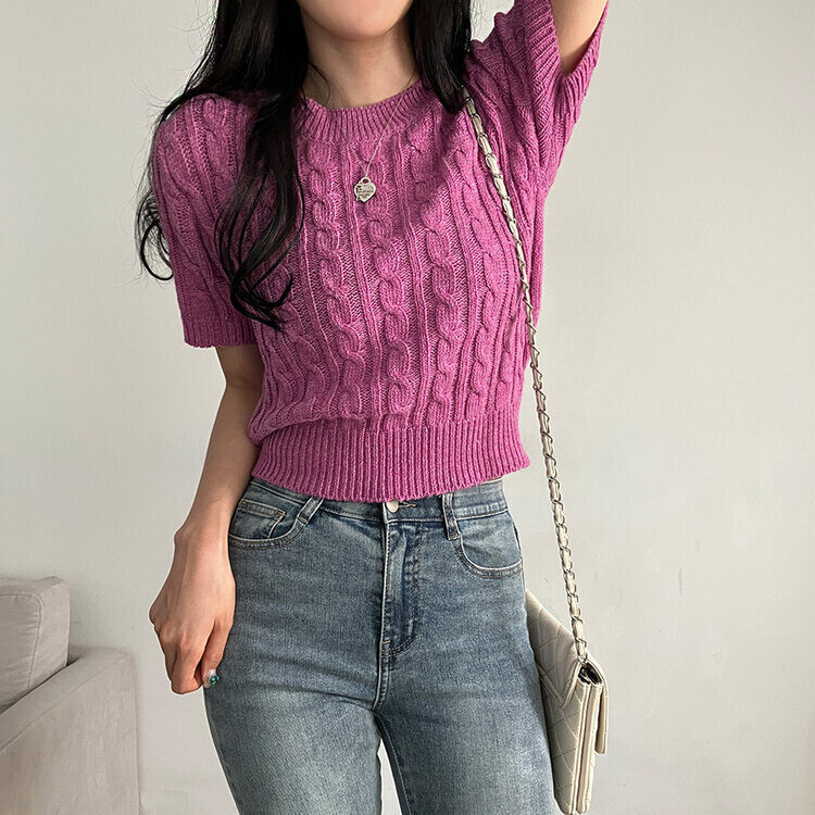 벤티 울 케이블 라운드 반팔 니트 퍼플