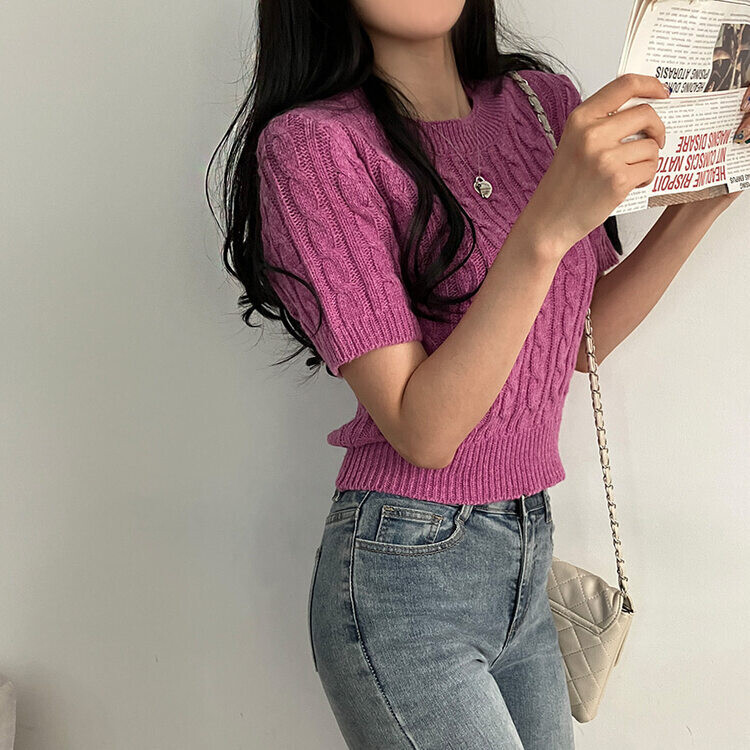 벤티 울 케이블 라운드 반팔 니트 퍼플