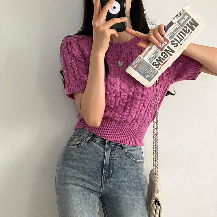 벤티 울 케이블 라운드 반팔 니트 퍼플