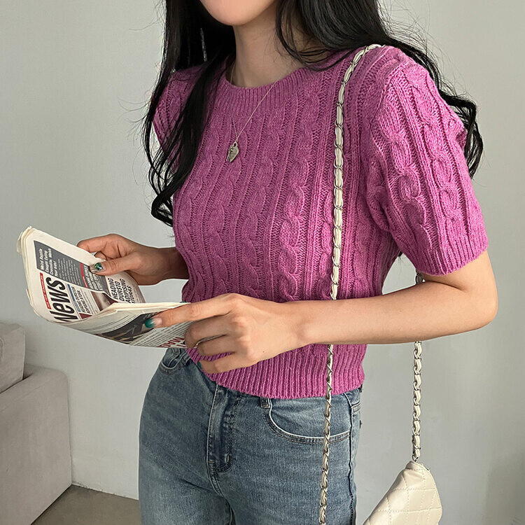 벤티 울 케이블 라운드 반팔 니트 퍼플