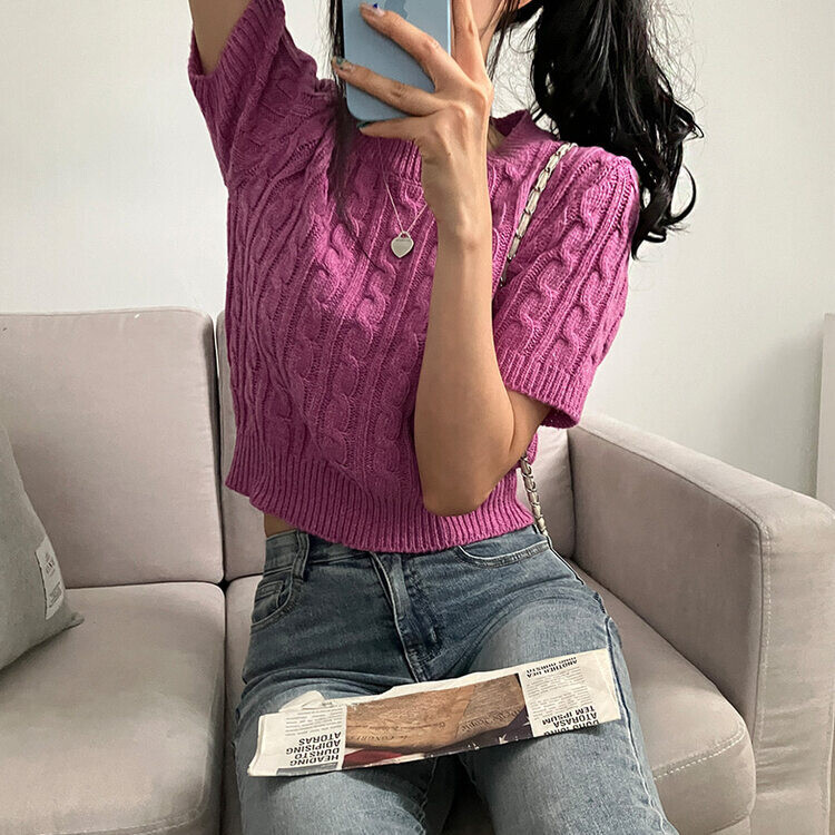 벤티 울 케이블 라운드 반팔 니트 퍼플