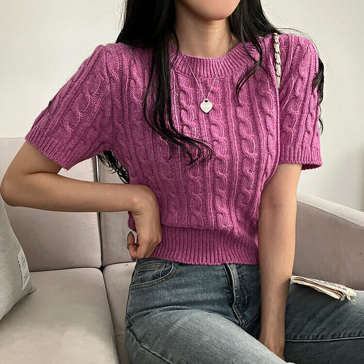 벤티 울 케이블 라운드 반팔 니트 퍼플