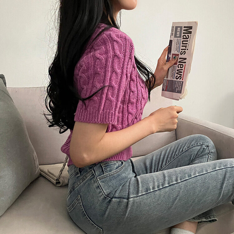 벤티 울 케이블 라운드 반팔 니트 퍼플