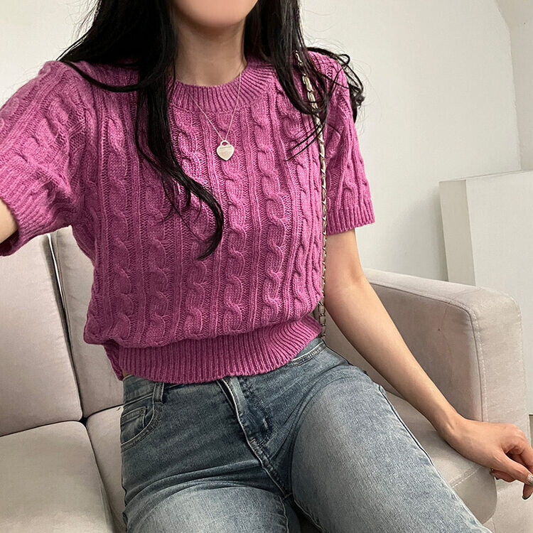 벤티 울 케이블 라운드 반팔 니트 퍼플