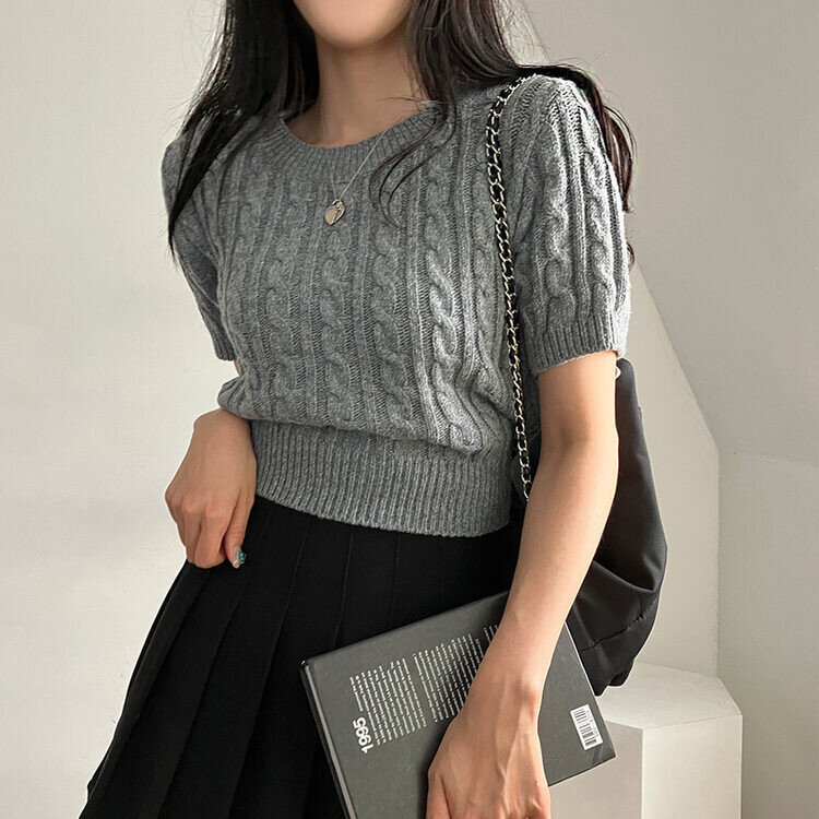 벤티 울 케이블 라운드 반팔 니트 그레이