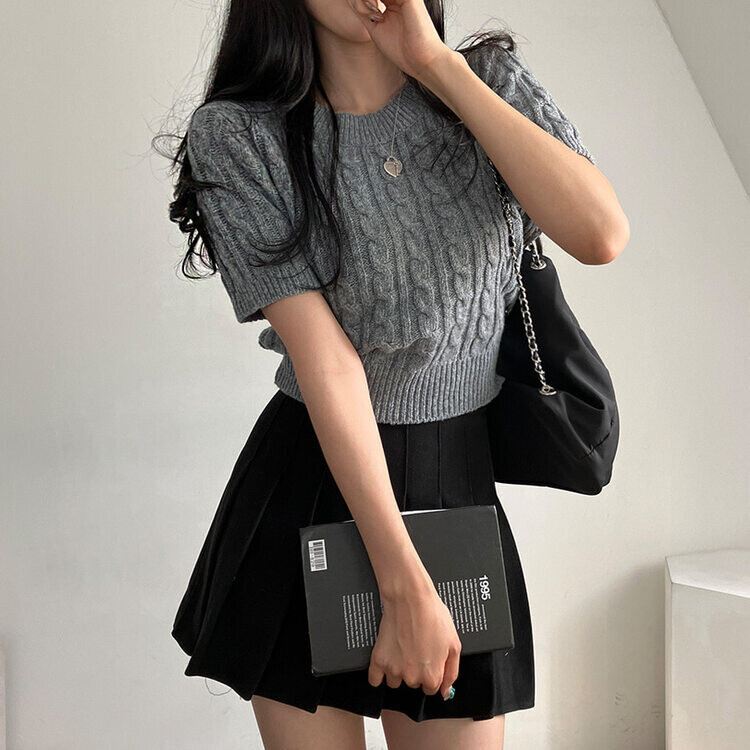 벤티 울 케이블 라운드 반팔 니트 그레이