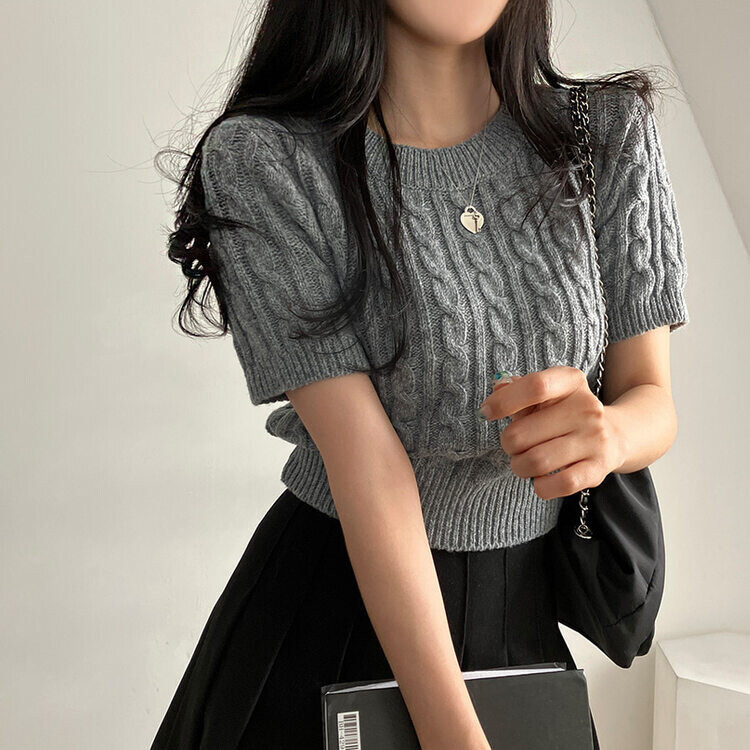 벤티 울 케이블 라운드 반팔 니트 그레이