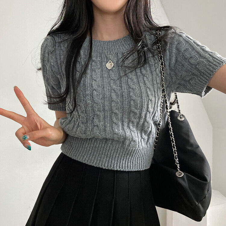 벤티 울 케이블 라운드 반팔 니트 그레이