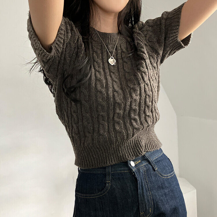 벤티 울 케이블 라운드 반팔 니트 모카