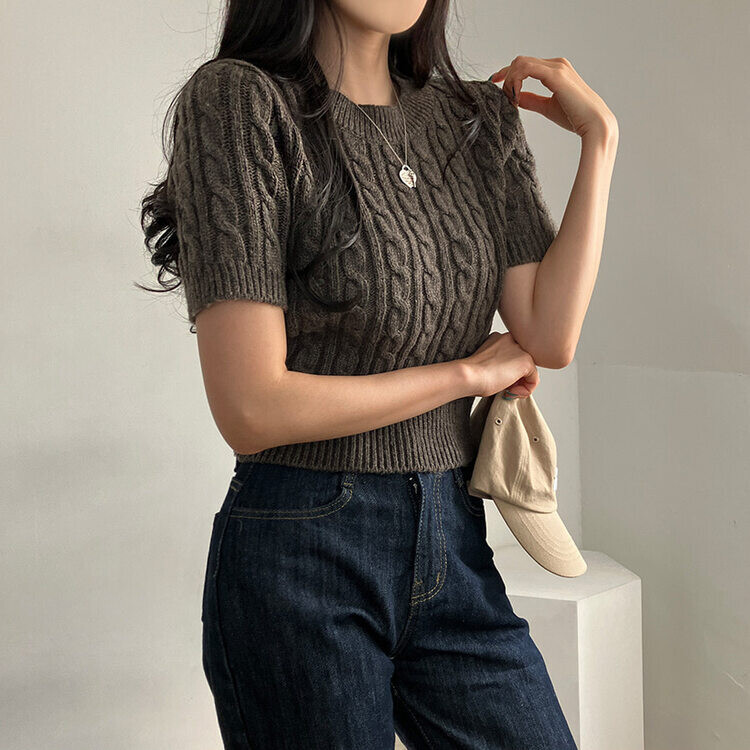 벤티 울 케이블 라운드 반팔 니트 모카