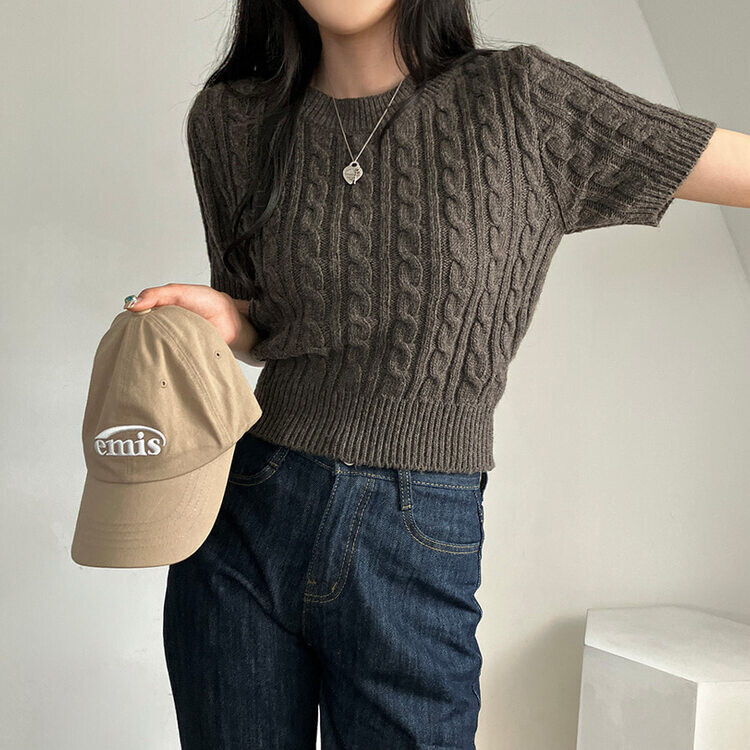 벤티 울 케이블 라운드 반팔 니트 모카