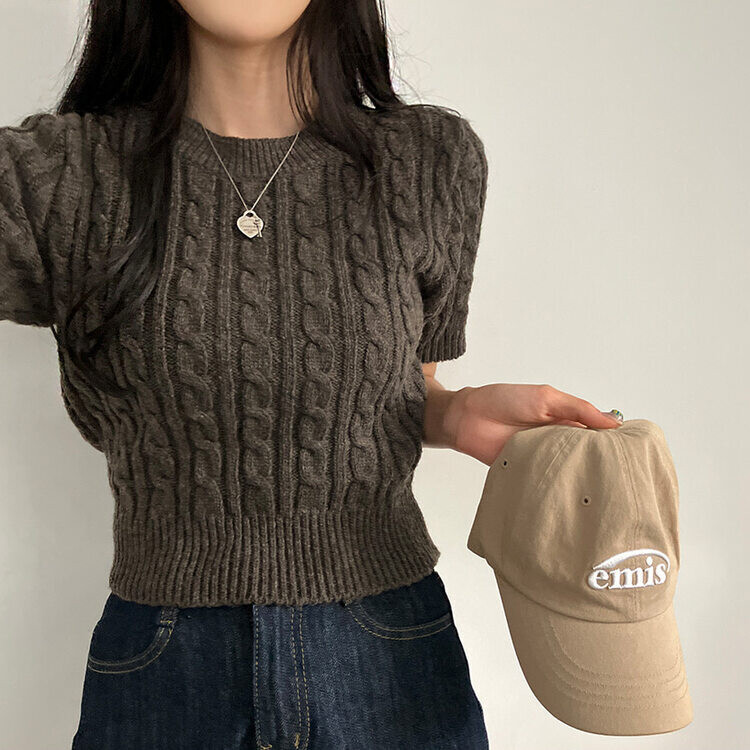 벤티 울 케이블 라운드 반팔 니트 모카