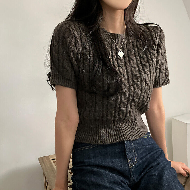 벤티 울 케이블 라운드 반팔 니트 모카