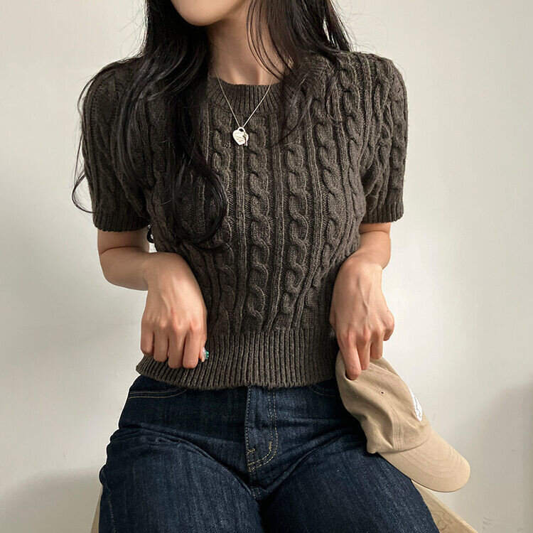 벤티 울 케이블 라운드 반팔 니트 모카