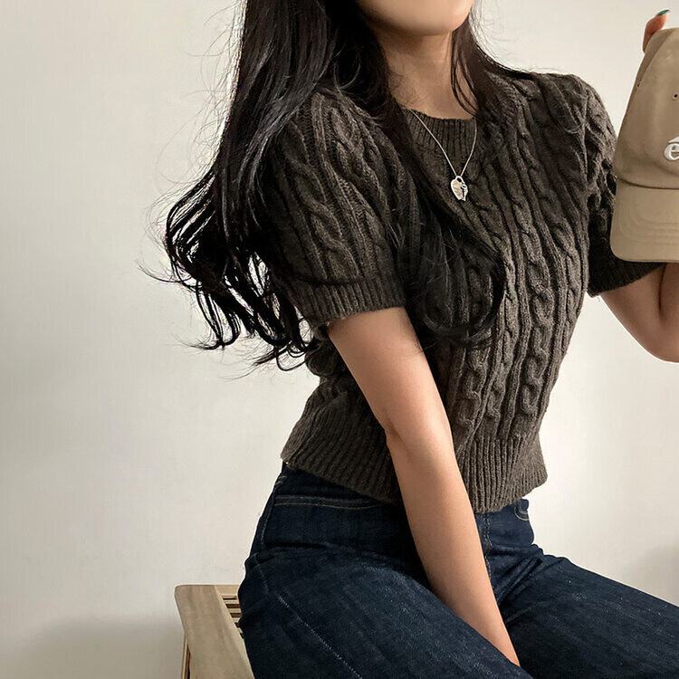 벤티 울 케이블 라운드 반팔 니트 모카