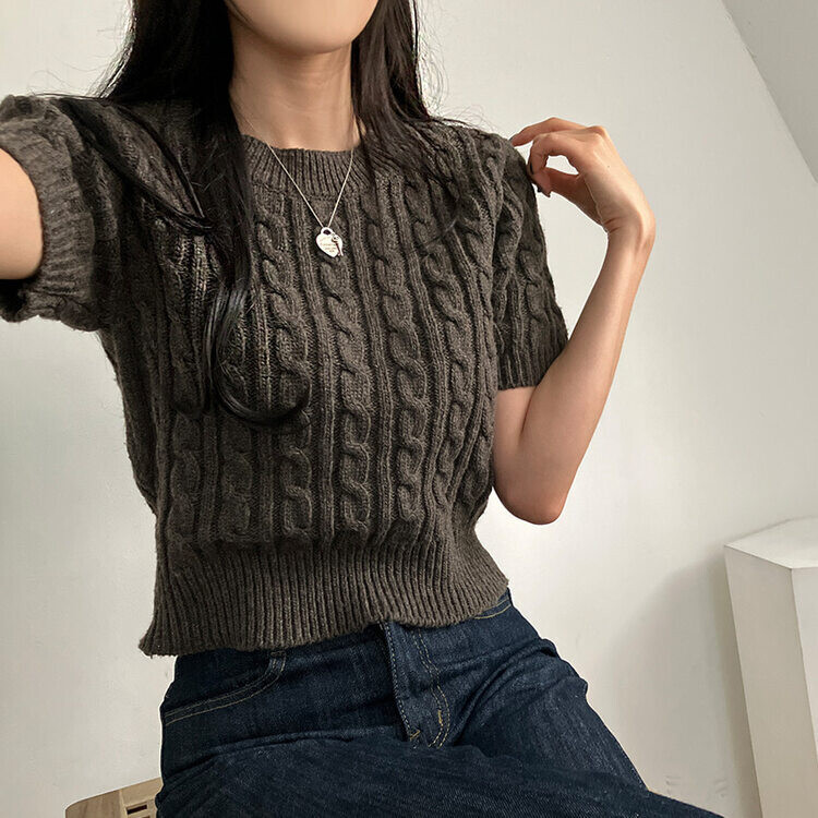 벤티 울 케이블 라운드 반팔 니트 모카