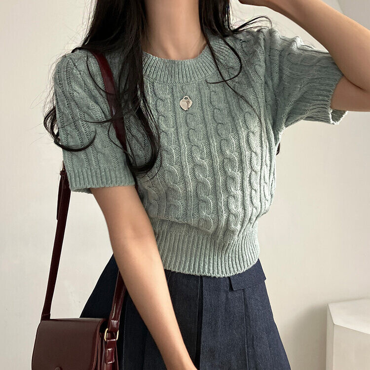 벤티 울 케이블 라운드 반팔 니트 민트