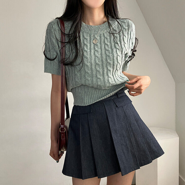 벤티 울 케이블 라운드 반팔 니트 민트