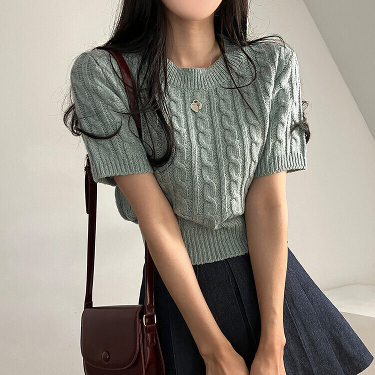 벤티 울 케이블 라운드 반팔 니트 민트